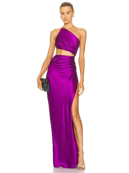 One Shoulder Waist Hollow Purple M