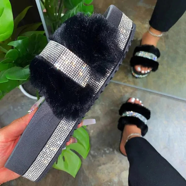 Luxury Designer Women Fur Rhinestone Slippers Black 6.5