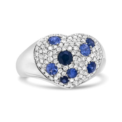 18K White Gold Blue Sapphire and 5/8 Cttw Diamond Cluster Heart Shaped Ring (F-G Color, VS1-VS2 Clarity)