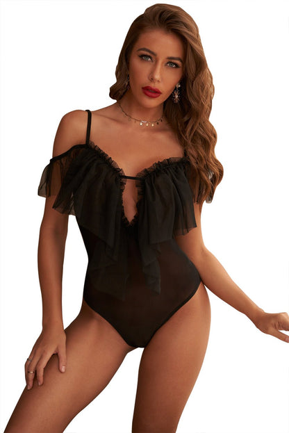 Black Tulle Mesh Thong Party Bodysuit