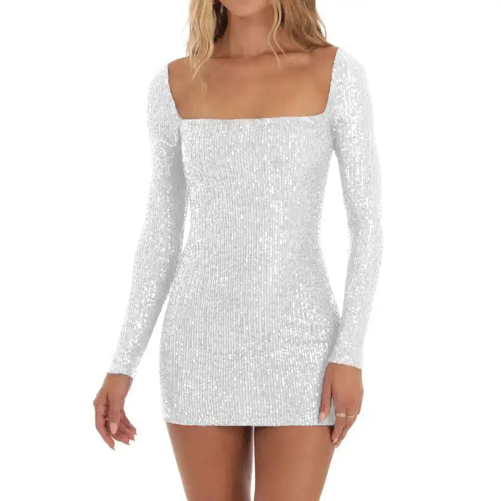 Sequin Long Sleeve Mini Dress Silver L