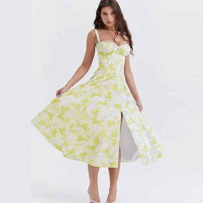 Summer Floral A-line Dress Yellow White M