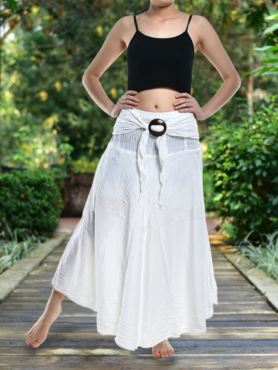 Bohotusk Plain White Long Skirt With Coconut Buckle (& Strapless