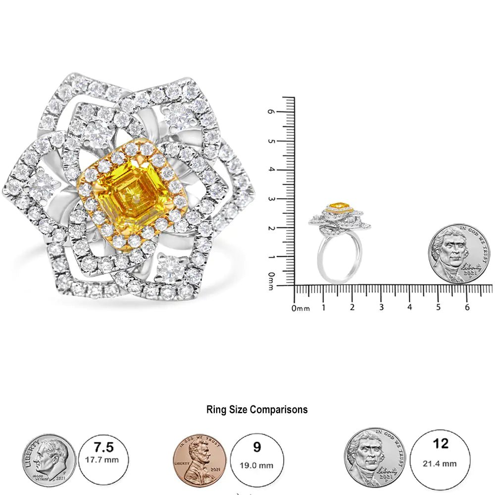 18K White and Yellow Gold 1.75 Cttw Yellow Asscher Lab Grown Center Diamond Floral Cluster Ring (Yellow/G-H Color, VS1-VS2 Clarity)