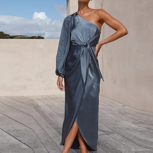 Casual Women Long Sleeve Dresses One-shoulder Hollow Satin Party Dress 06 Haze Blue