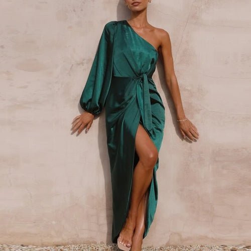 Casual Women Long Sleeve Dresses One-shoulder Hollow Satin Party Dress 04 Malachite Green