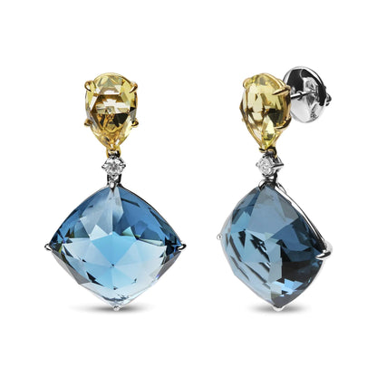 18K White and Yellow Gold 1/5 Cttw Diamond with Pear Cut Lemon Quartz, and Cushion Cut London Blue Topaz Gemstone Dangle Earring (G-H Color, SI1-SI2 Clarity)