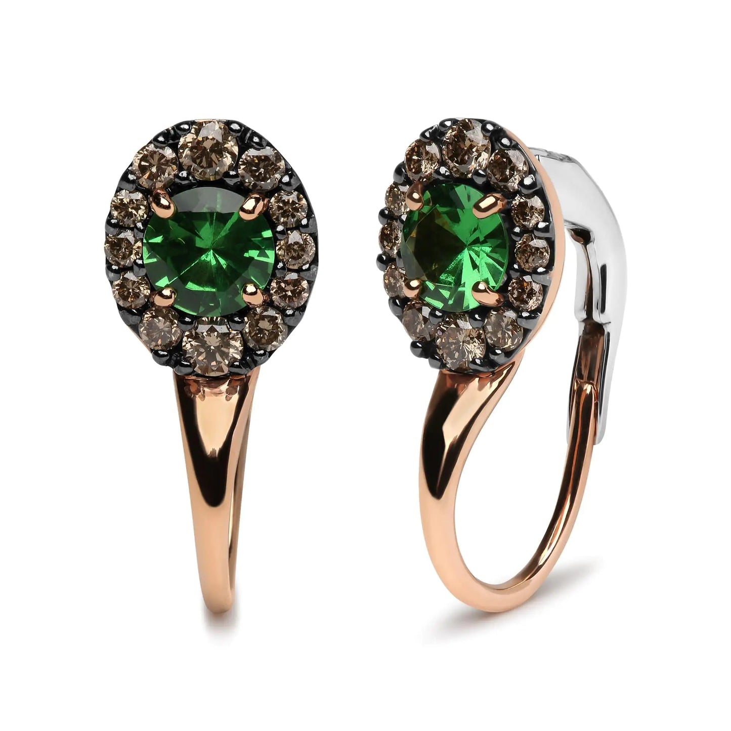 18K Rose and White Gold 3/8 Cttw Round Brown Diamonds and Round Green Tsavorite Gemstone Halo Drop Hoop Earrings (Brown Color, SI1-SI2 Clarity)