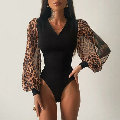 Leopard Bodysuit Top See Through Cut out Lantern Sleeve Bodycon Romper Black