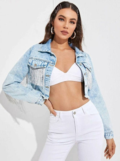 Cowboy Jacket Tassel Stitching Sexy Ripped Denim Coat Light blue