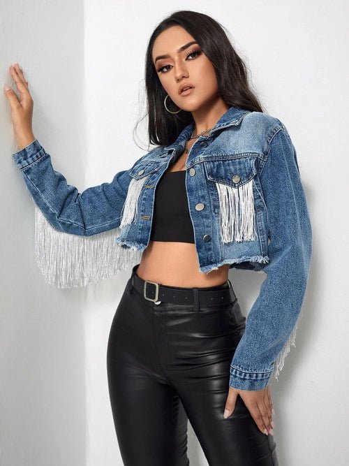 Cowboy Jacket Tassel Stitching Sexy Ripped Denim Coat Blue