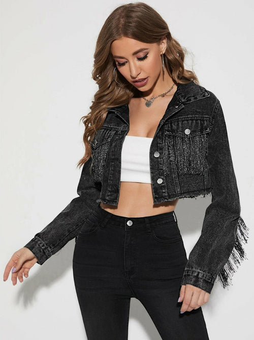 Cowboy Jacket Tassel Stitching Sexy Ripped Denim Coat Black