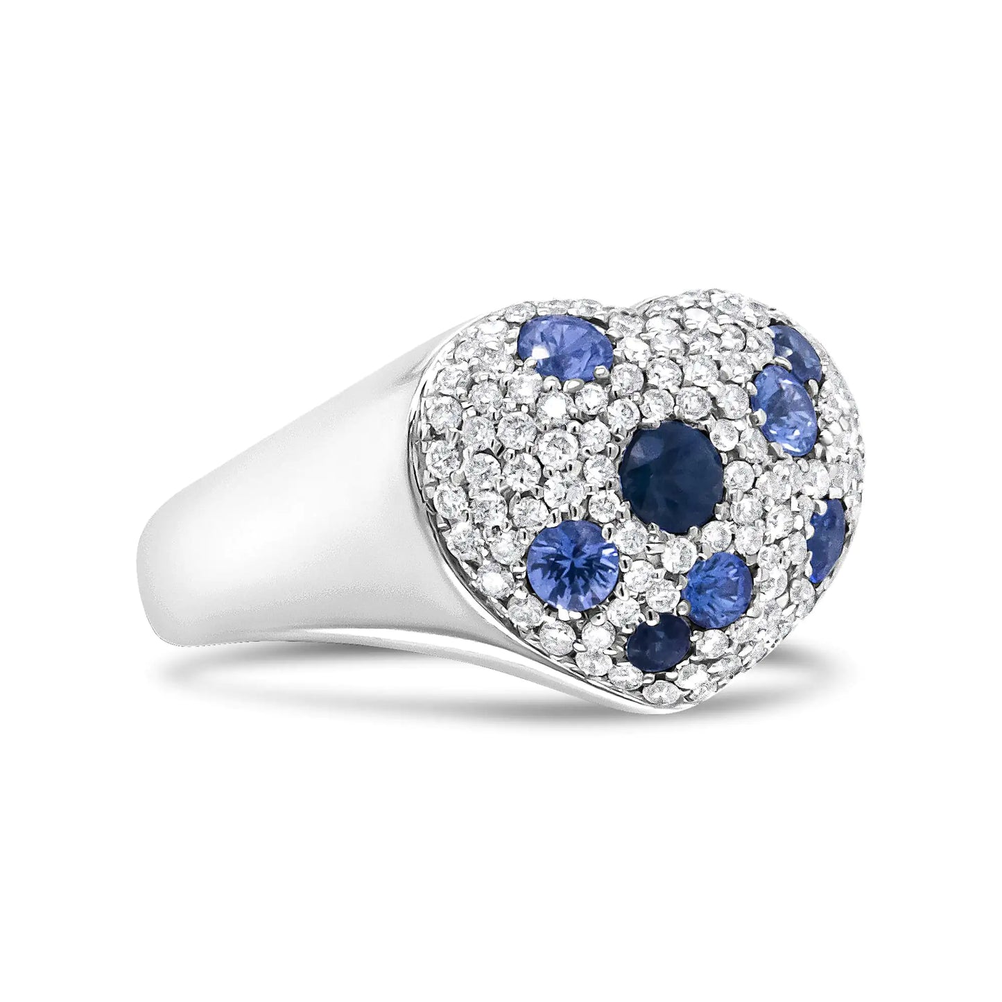 18K White Gold Blue Sapphire and 5/8 Cttw Diamond Cluster Heart Shaped Ring (F-G Color, VS1-VS2 Clarity)