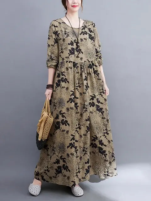 Floral Print Long Sleeve Dresses Coffee M