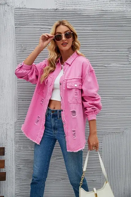 Washed Denim Jacket for Women Pink S