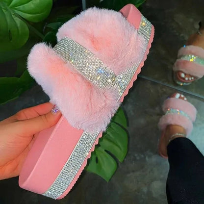 Luxury Designer Women Fur Rhinestone Slippers Pink 8.5