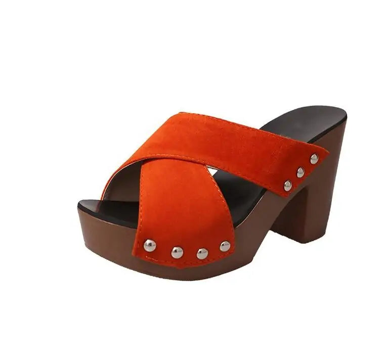 Square High Heel Platform Women's Summer Sandals: Elegant Rivet Pumps Orange 6