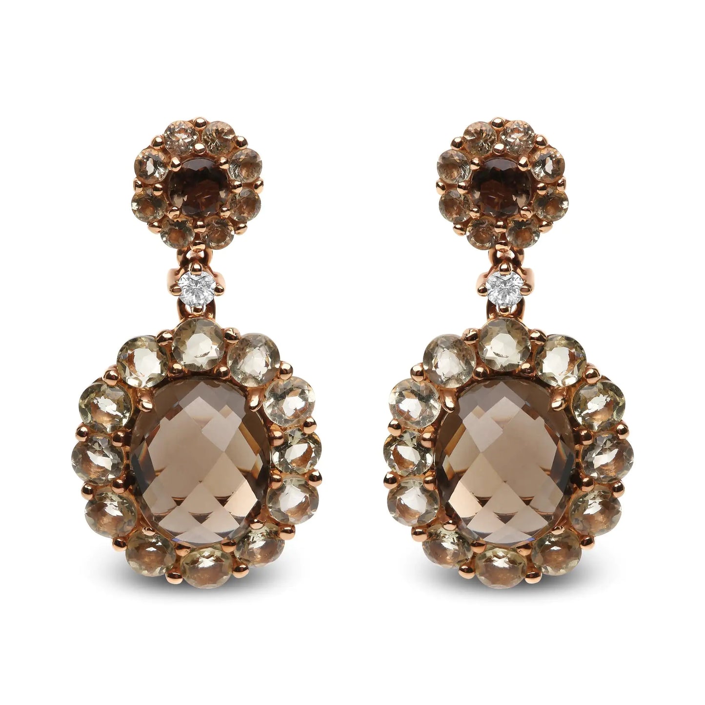 18K Rose Gold Diamond Accent and Lemon and Oval Smoky Color Quartz Gemstone Dangle Drop Earring (G-H Color, SI1-SI2 Clarity)