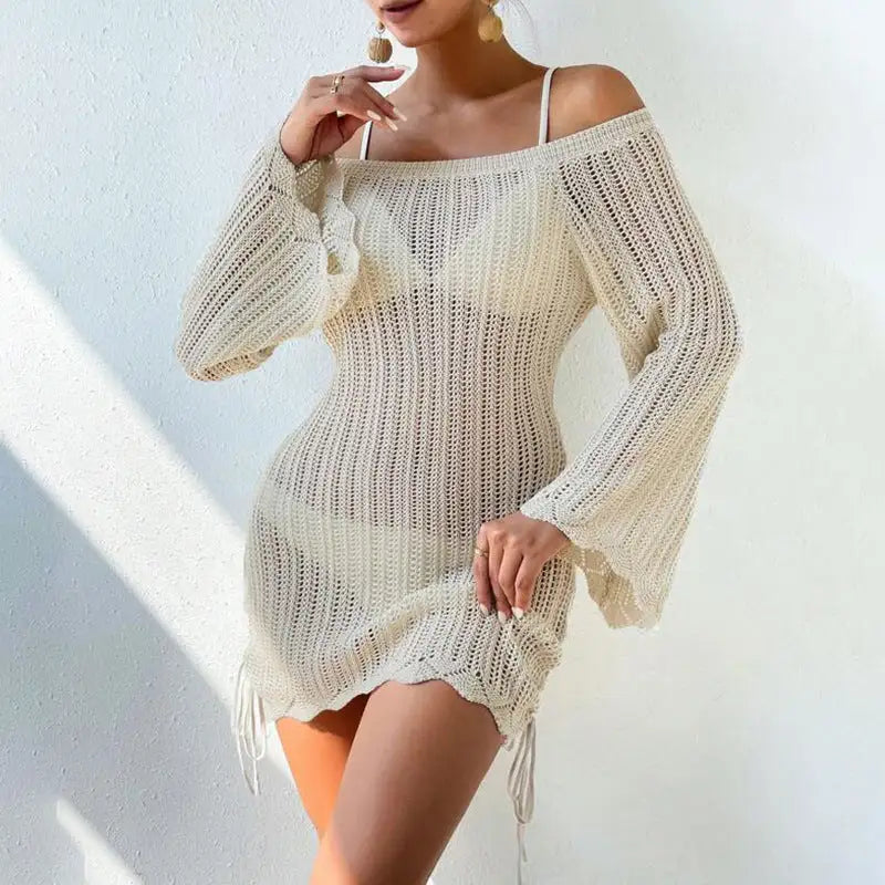 Solid Color Knitted Beach Dress Apricot S