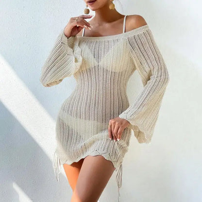 Solid Color Knitted Beach Dress Apricot S