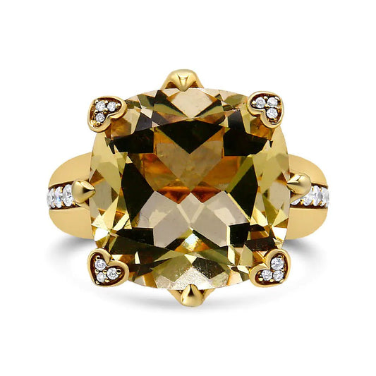 18K Yellow Gold 15x15mm Cushion Cut Lemon Quartz and 1/4 Cttw Diamond Accented Cocktail Ring (F-G Color, VS1-VS2 Clarity)