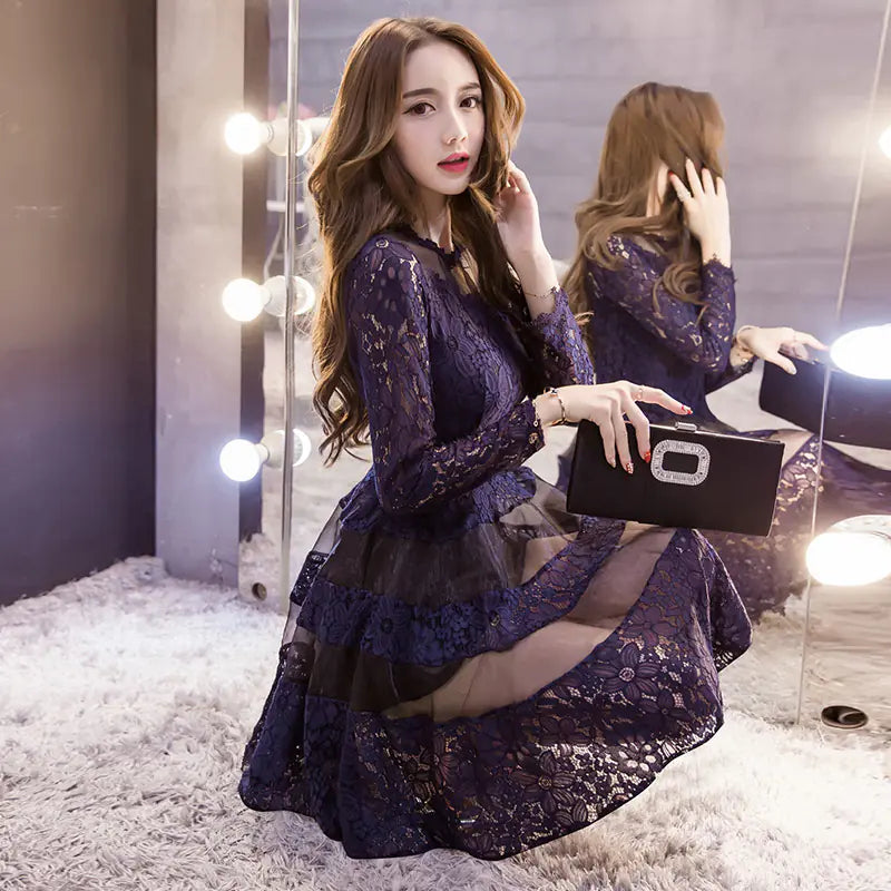 Long Sleeve Dress, Tulle Skirt, Lace A-Line Dress