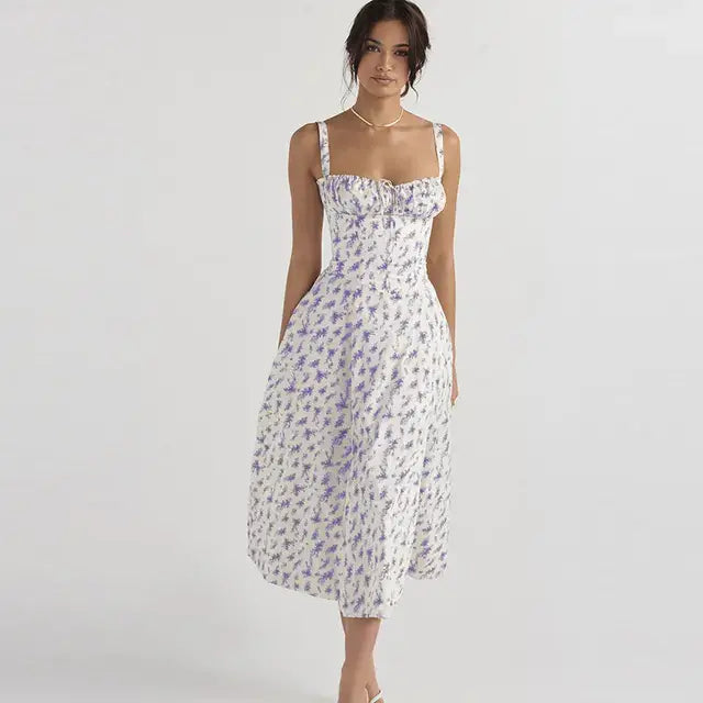 Summer Floral A-line Dress Purple Leaves White S