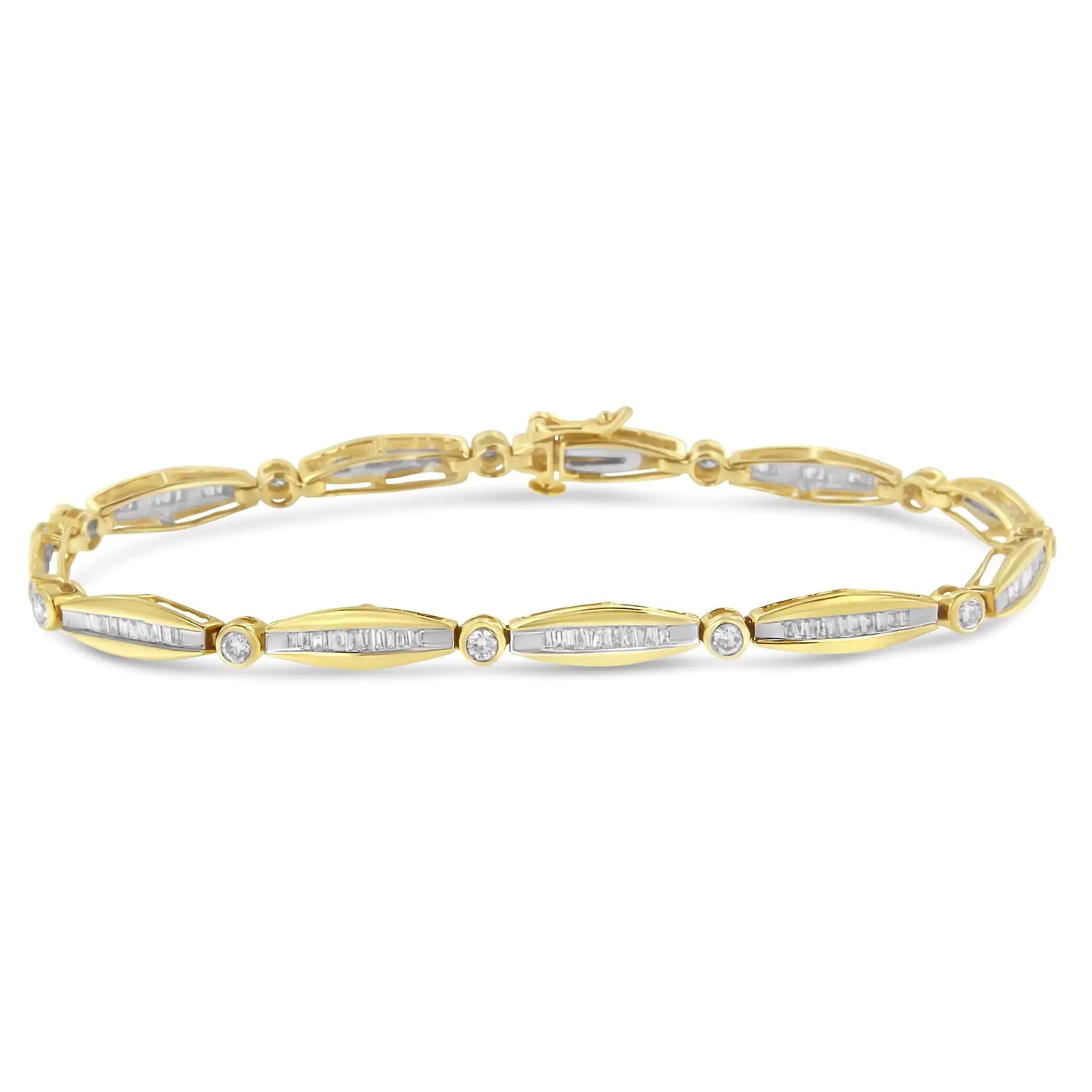 14K Yellow Gold 1-1/2 Cttw Round Brilliant-Cut & Baguette Cut Diamond Bezel and Tapered Link 7" Tennis Bracelet (H-I Color, I1-I2 Clarity)