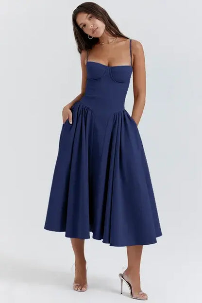 Elegant Spaghetti Strap Midi Navy Blue XL