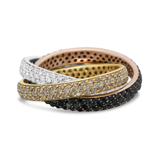 18K Tri-Color Gold 3 5/8 Cttw Diamond Interlocking Stackable Band Ring Set (Champagne, Black, and F-G Color, VS1-VS2 Clarity)