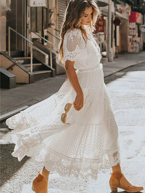 Hollow Out White Dress Sexy Women Lace Long Dress White Double Extra Large