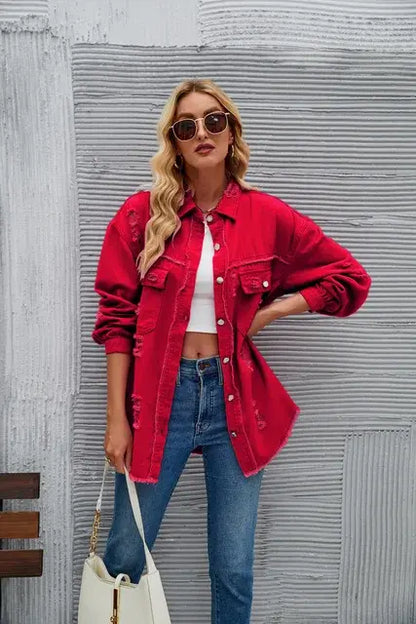 Washed Denim Jacket for Women Bright Red S