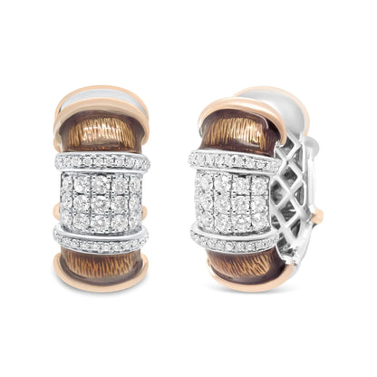 18K White and Rose Gold Flash Plated .925 Sterling Silver Clear Brown Enamel 1/6 Cttw Round Diamond Huggie Hoop Earrings (F-G Color, VS1-VS2 Clarity)