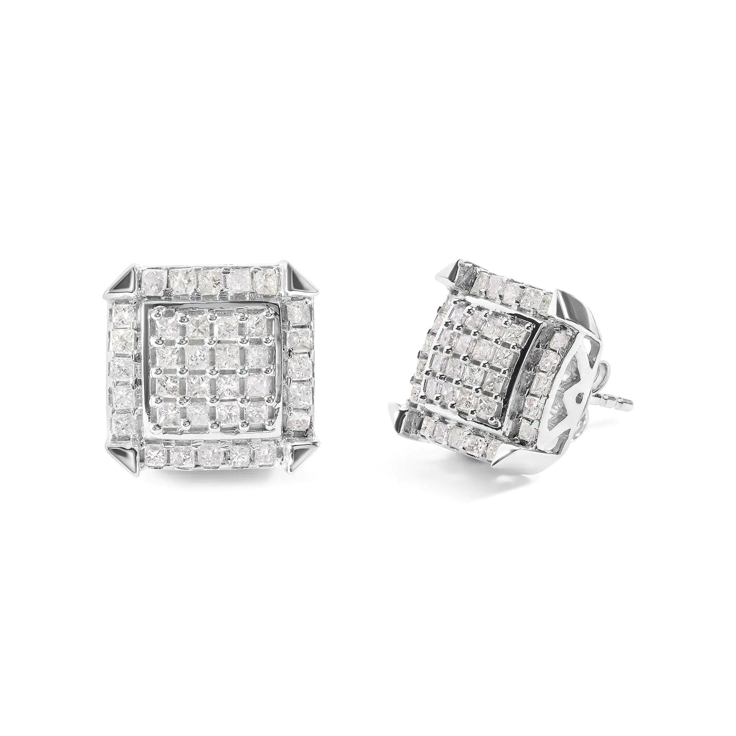 10K White Gold 1 1/10 Cttw Princess Diamond Composite and Halo Stud Earrings (I-J Color, I1-I2 Clarity)