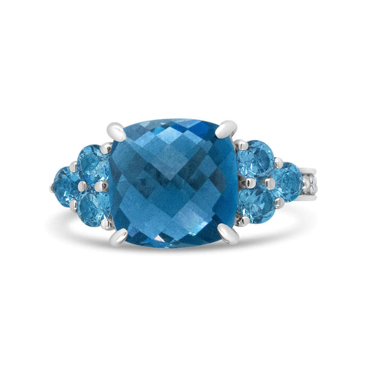 18K White Gold 10mm Cushion Shaped Blue Topaz and 1/6 Cttw Diamond 3 Stone Style Ring (F-G Color, VS1-VS2 Clarity)