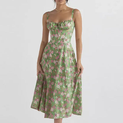 Summer Floral A-line Dress Green Red Flowers L