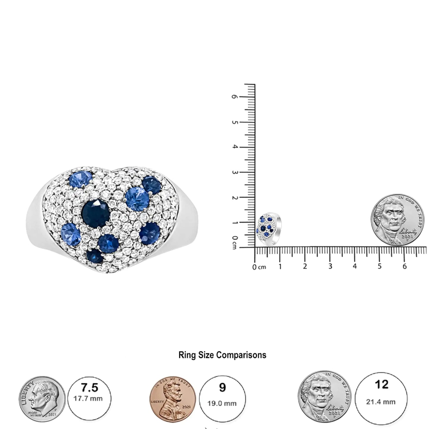 18K White Gold Blue Sapphire and 5/8 Cttw Diamond Cluster Heart Shaped Ring (F-G Color, VS1-VS2 Clarity)