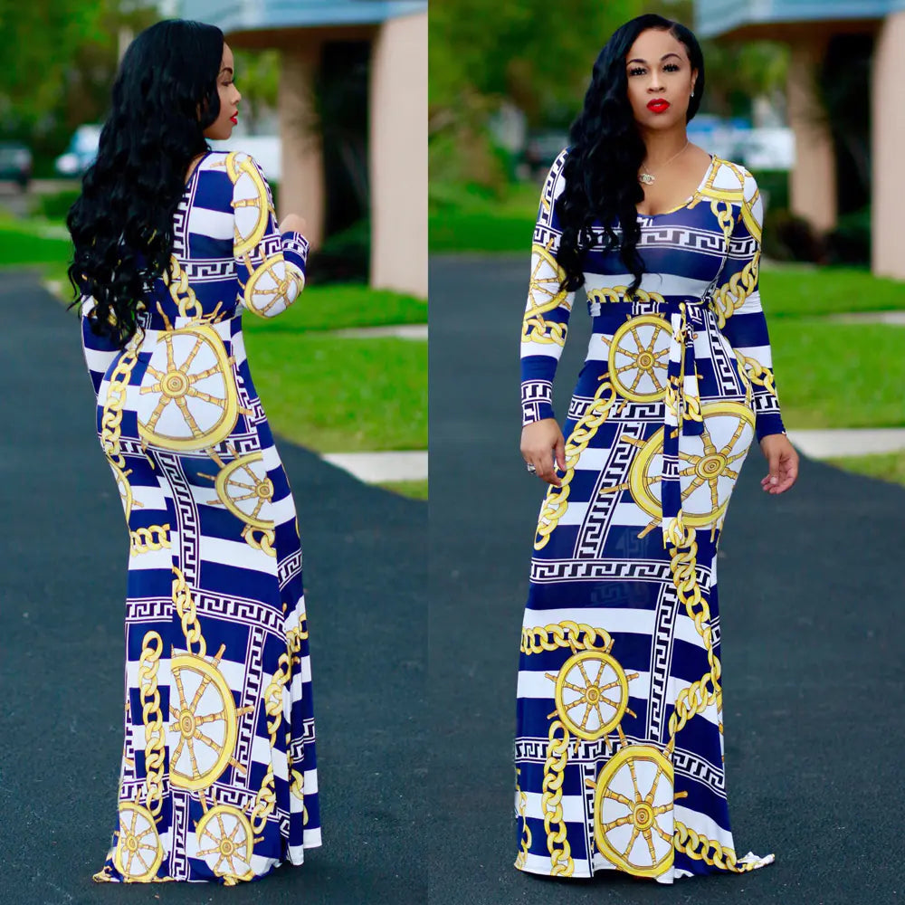 S3086-0 Striped Dress - Digital Print Long Sleeve Dress