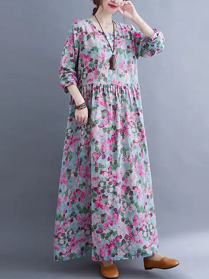 Floral Print Long Sleeve Dresses Purple L