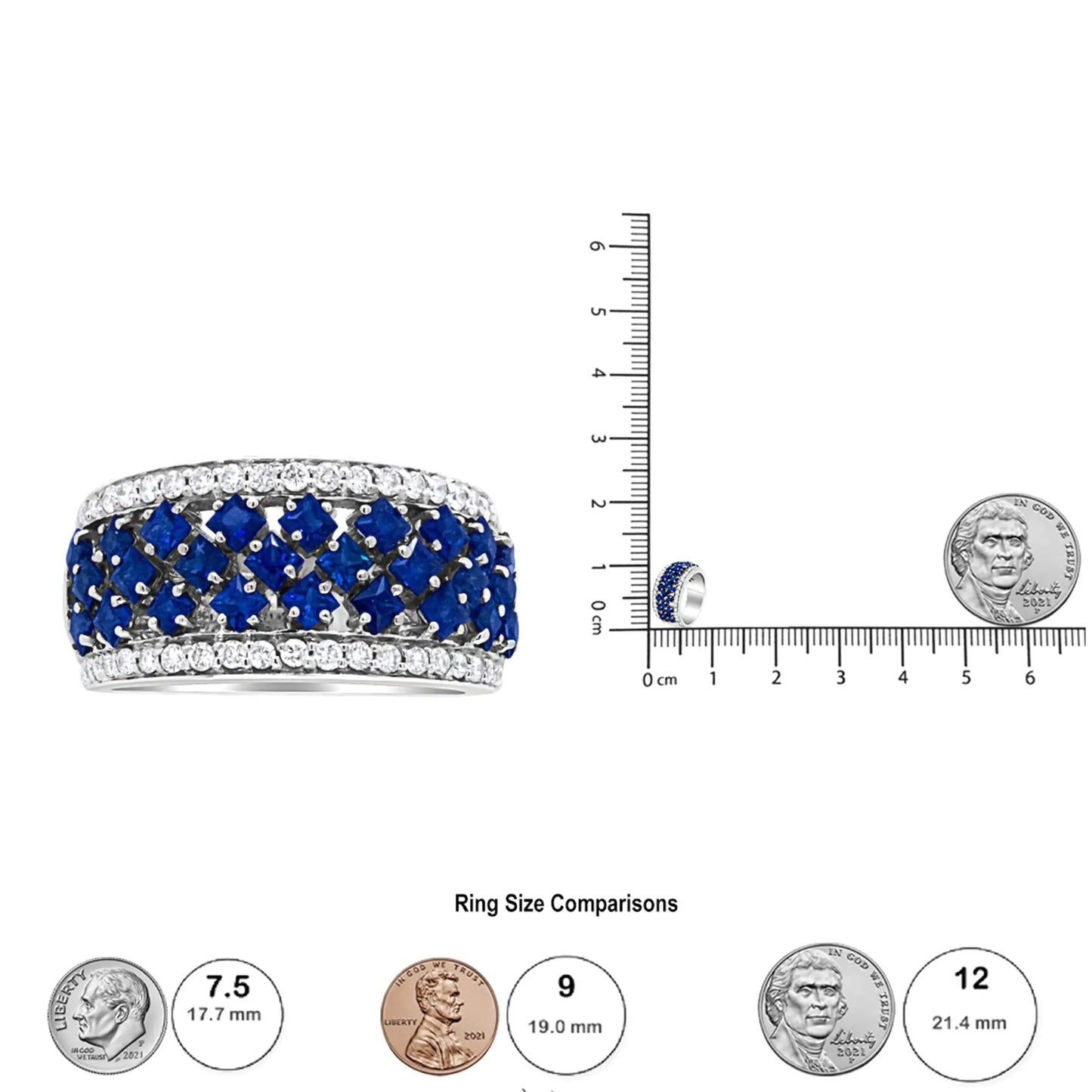 18K White Gold 3/8 Cttw Diamond and 2x2mm Princess Cut Blue Sapphire Fashion Band Ring (F-G Color, VS1-VS2 Clarity)