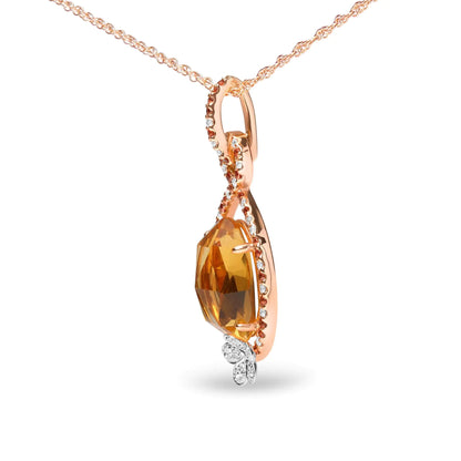 18K Rose Gold 1/5 Cttw Diamond and Oval Yellow Citrine and Round Orange Sapphire Gemstone Openwork Halo Teardrop with Flower Design 18" Pendant Necklace (G-H Color, SI1-SI2 Clarity)