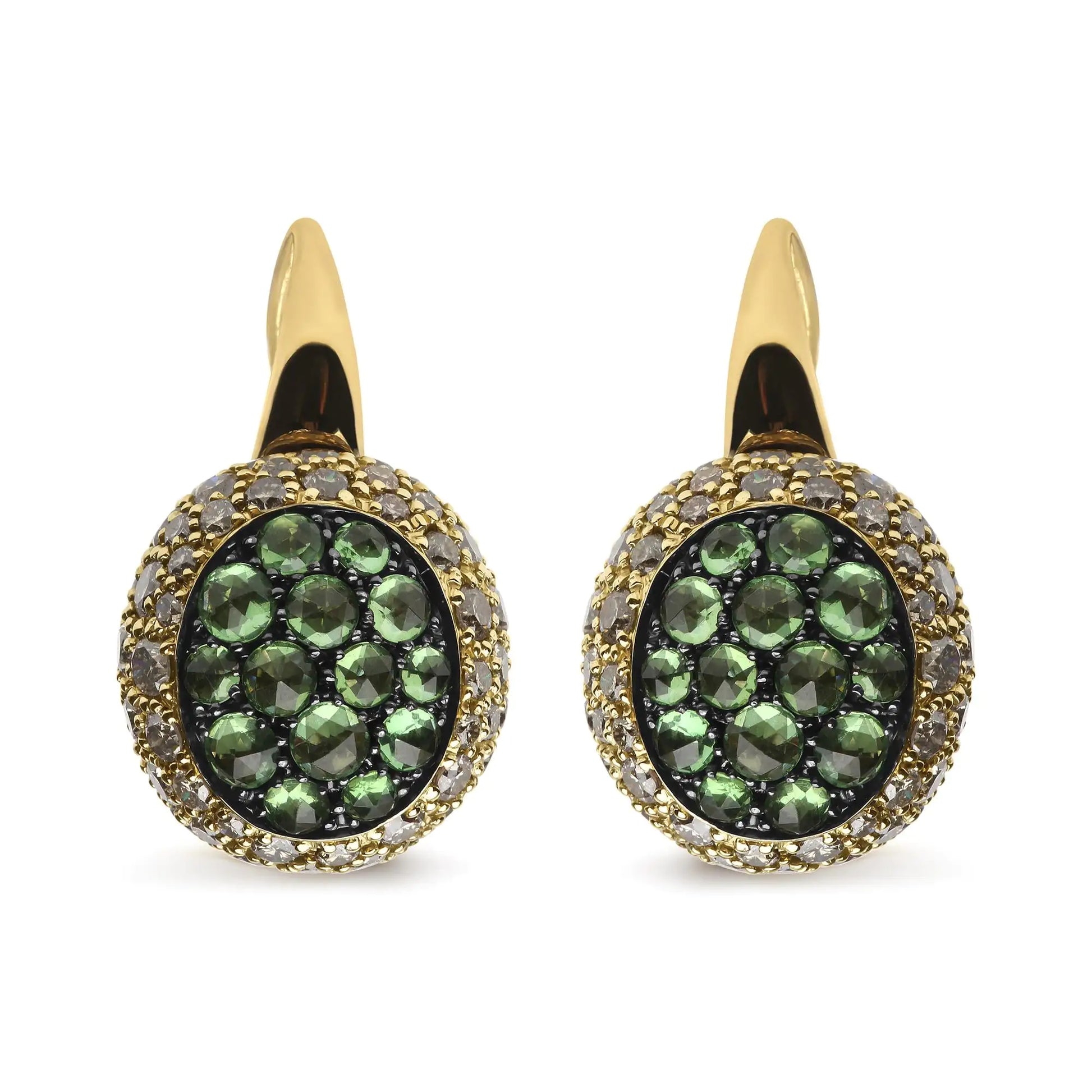 18K Yellow Gold 3 1/2 Cttw Diamond and Round Green Tsavorite Gemstone Round Domed Drop Hoop Earrings (Brown Color, SI1-SI2 Clarity)