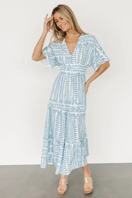 Retro Stripe Short Sleeve Dresses Light Blue S