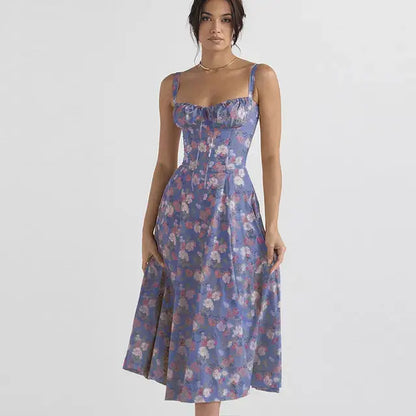 Summer Floral A-line Dress Dark Blue Red M