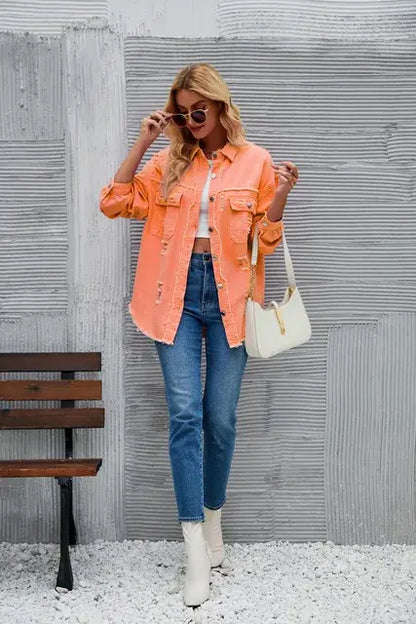 Washed Denim Jacket for Women Orange M