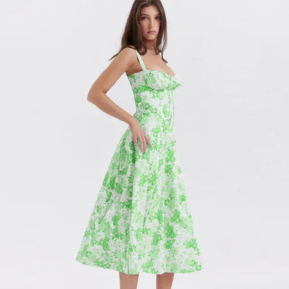 Summer Floral A-line Dress Green White XL