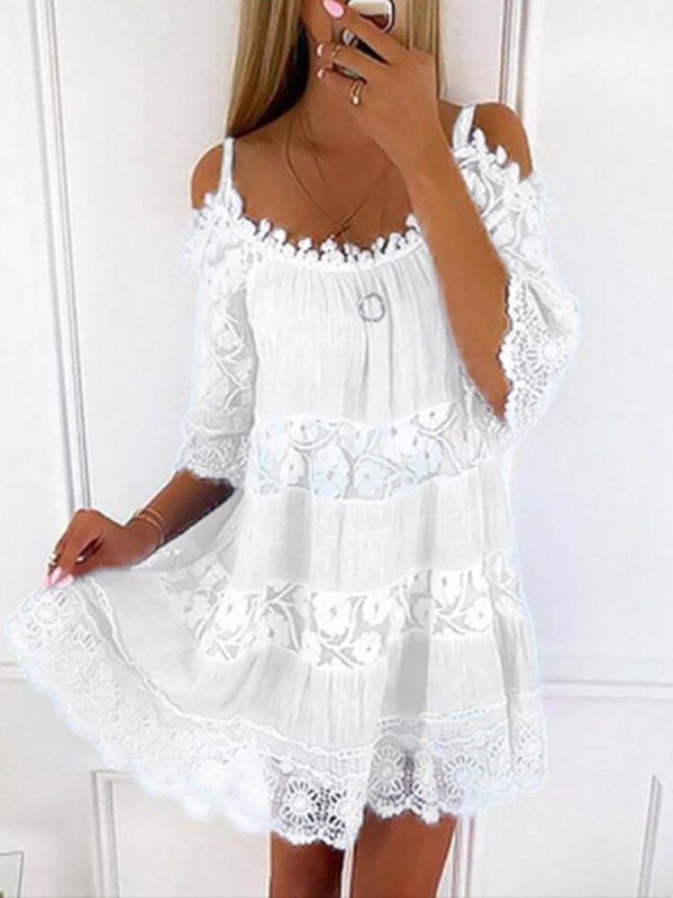 Lace Dress Bohemian Women Mini Dress 2022 Hollow Out Sweet Short