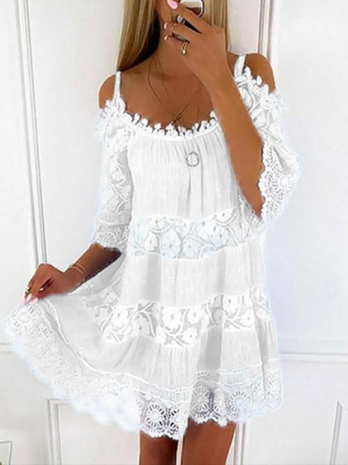 Lace Dress Bohemian Women Mini Dress 2022 Hollow Out Sweet Short 01 White