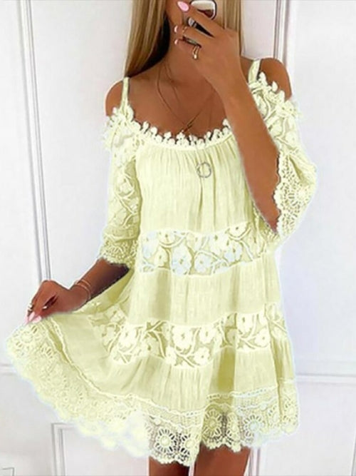 Lace Dress Bohemian Women Mini Dress 2022 Hollow Out Sweet Short 02 Yellow