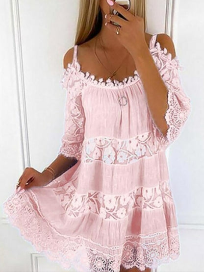 Lace Dress Bohemian Women Mini Dress 2022 Hollow Out Sweet Short 05 Pink